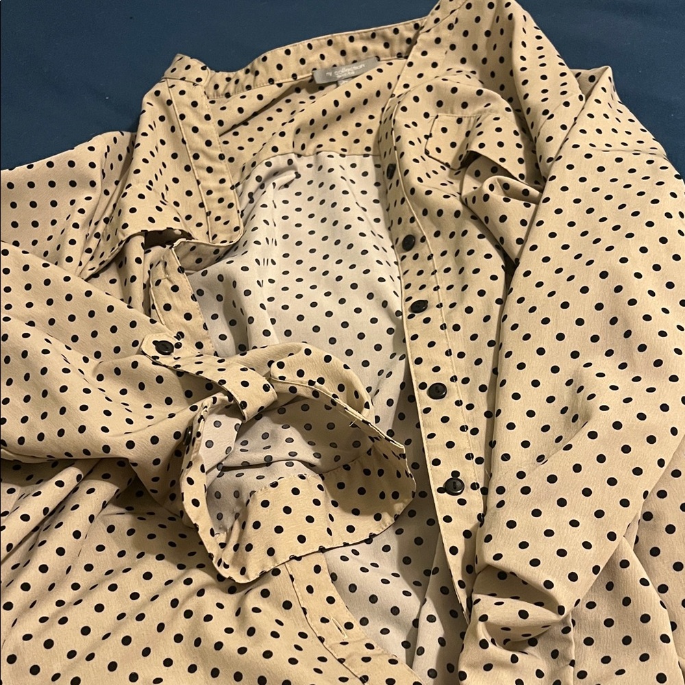 NY Collection 2X Tan Button-Up Polka Dot Blouse